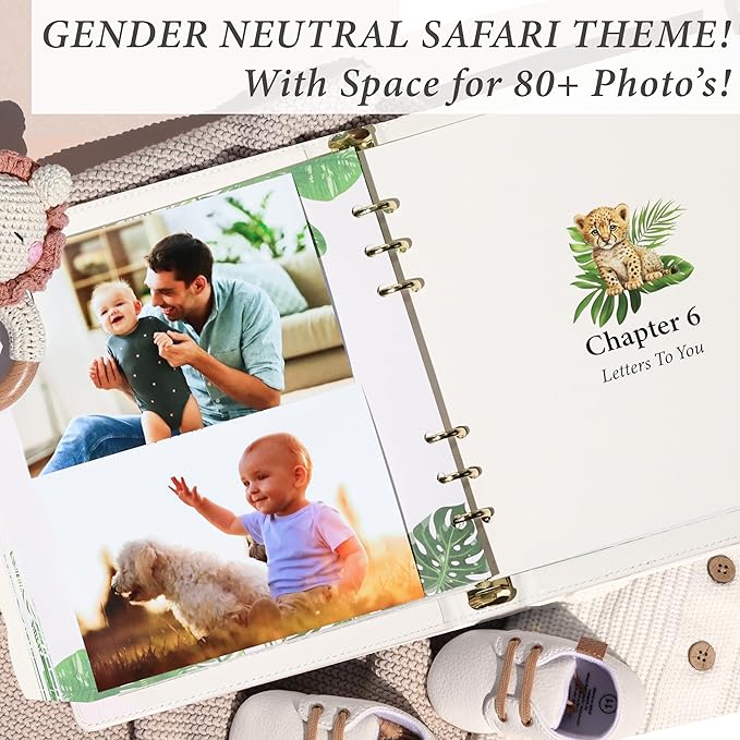 PERSONALIZED Baby Book – Baby Memory Book Keepsake for Boy or Girl I First 5 Year I Faux Leather, Gender Neutral, Safari Theme w/Gold Foil Stamp - Baby First Year Book Scrapbook Photo Album Shower