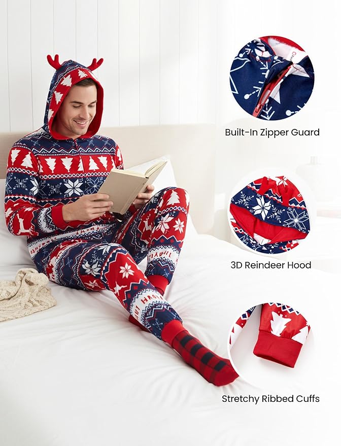 PATPAT Matching Family Christmas Onesie Pajamas – Holiday Hooded Jumpsuit Sleepwear PJs Couples Xmas Loungewear with Socks