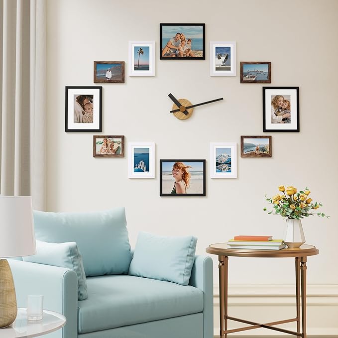 Vittanly 12 Pack Picture Frames Collage Wall Decor for Mounting or Tabletop Display, Gallery Wall Frame Set for Family, Multi Sizes Including 4pcs 8x10, 4pcs 5x7, 4pcs 4x6, Black, Brown and White