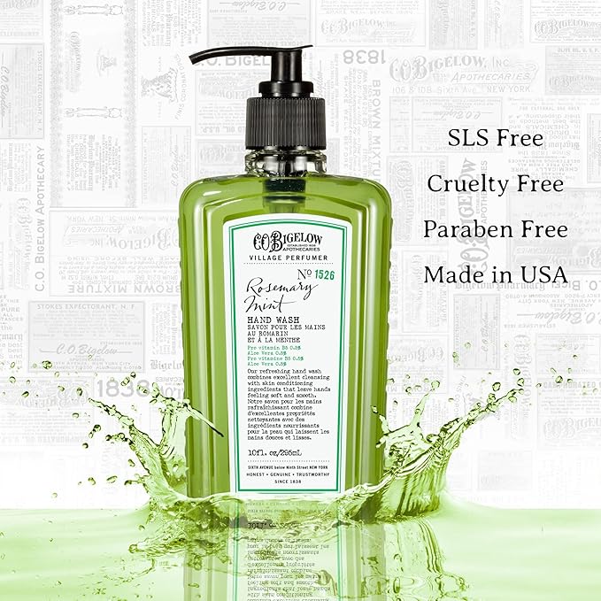 C.O. Bigelow Rosemary Mint Hand Wash, Village Perfumer Liquid Hand Soap with Aloe Vera & B5, 10 Fl Oz