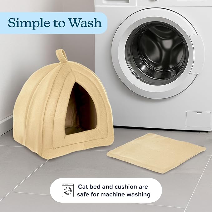 Cat House - Indoor Bed with Removable Foam Cushion - Pet Tent for Puppies, Rabbits, Guinea Pigs, Hedgehogs, and Other Small Animals by PETMAKER (Tan) | Plush Cat Tent Bed for Small Kittens, Rabbits, Guinea Pigs, and Other Small Animals, Comfortable Coz...