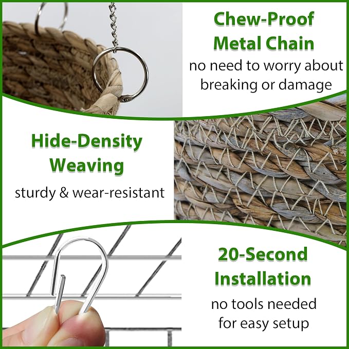 Natural Grass Rat Hammock for Cage, Tightly Woven Non-Collapse | Chew Proof Rodent Hammock for 1-2 Rats to Snuggle, Hanging Bowl-Shaped Rats Cage Bed with Sturdy Hooks for Full Protection
