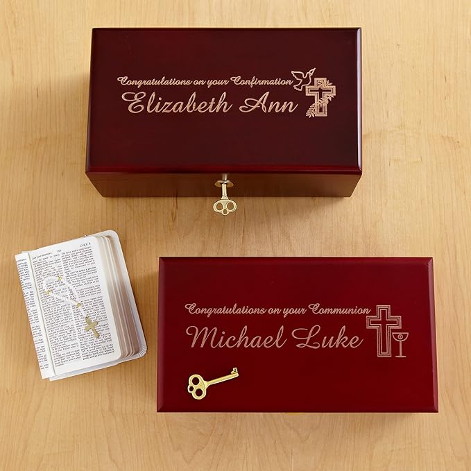 Let's Make Memories Personalized Locking Heirloom First Communion Keepsake Box – Memento Storage – Celebrate Faith – Engrave with Name