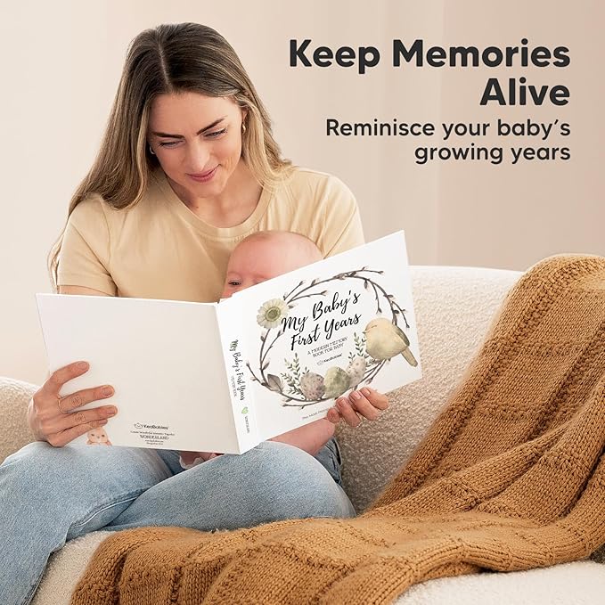 First 5 Years Baby Memory Book Girl, Boy - 90 Pages Hardcover First Year Milestone Keepsake Book, Newborn Scrapbook for New Parents, Minimalist Photo Album Journal, Gift for Baby Shower (WonderLand)