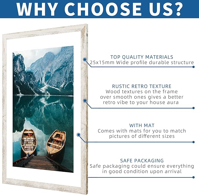 24x30 Frame Set of 2, Distressed White Wood Style - Display 18x24 Picture Frame with Mat or 24 x 30 Poster without Mat, Wall Mounting Horizontal and Vertical