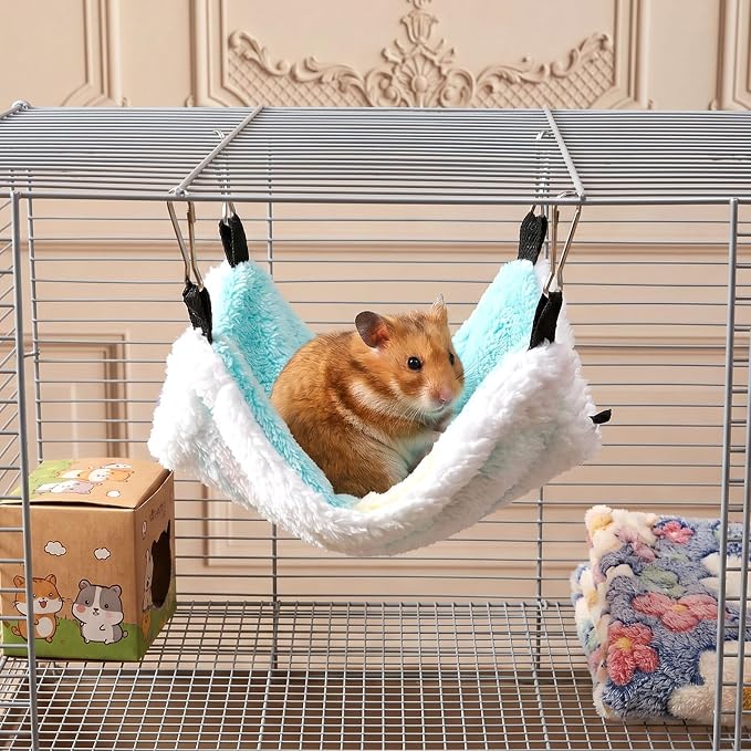 2 Pack Warm Fleece Hanging Corner Pet Rat Hammock with Hooks | Small Animal Hammocks Bed Hideout Swing Cage Accessories for Squirrels Sugar Gliders Guinea Pigs Hamsters Ferret Chinchilla