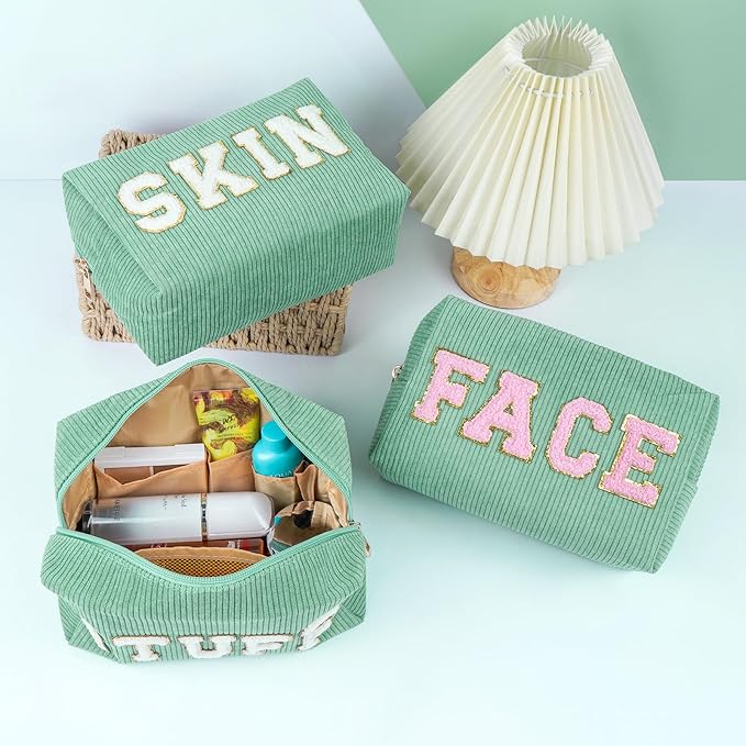 MAGEFY Small Makeup Bag for Purse Portable Makeup Pouch with Compartments Corduroy Make up Bag for Women Travel Cosmetic Essential (Green, STUFF)