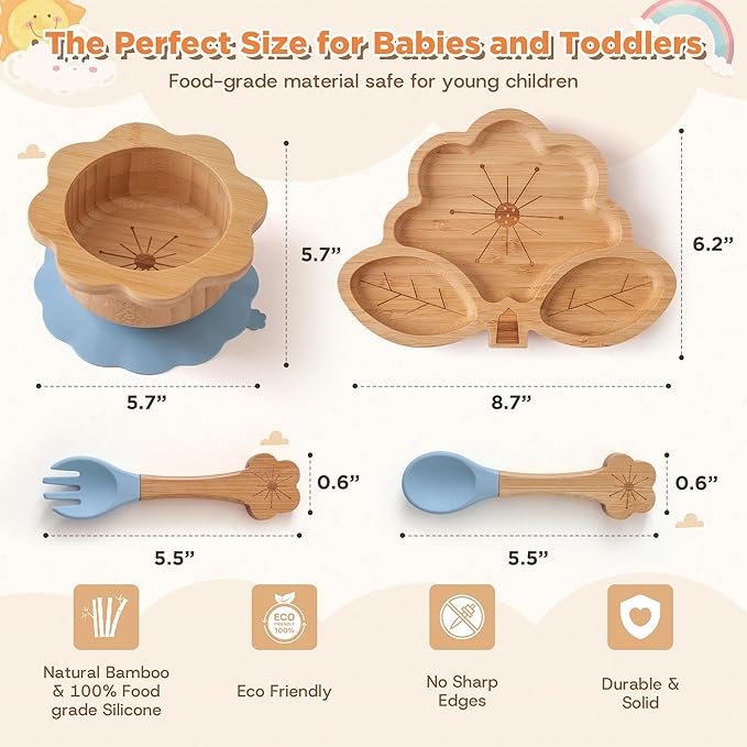Bamboo Suction Plates Bowls Set for Baby Toddler - Includes Bamboo Bowl, Divided Plate, Silicone Fork & Spoon, All-Natural Baby Feeding Set for Baby-Led Weaning