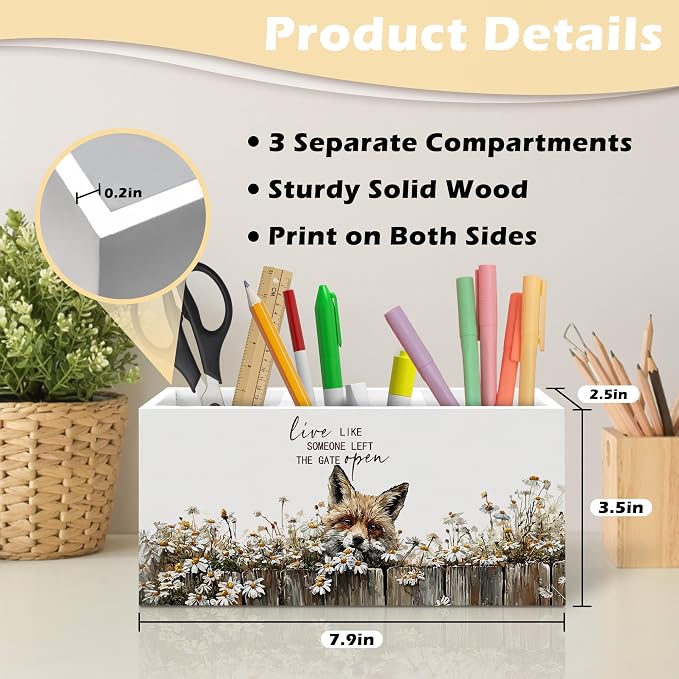 Rustic Fox Pen Holder Organizer, Rustic Farmhouse Fox Gifts for Women Girls Desk Decor, Live Like Someone Left the Gate Open Wooden Pen Pencil Holders for Vintage Desk Accessories