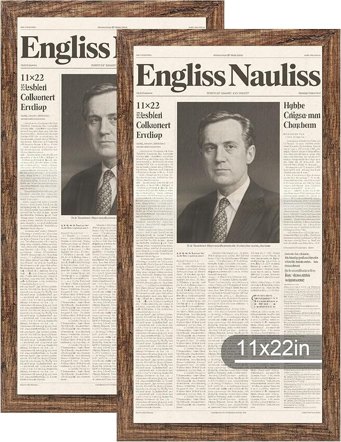 11x22 Newspaper Frame 2 Packs, Real Glass and Rustic Brown Wood Frame, Display Panoramic 11 x 22 Magazine Frames - Horizontal or Vertical Wall Mounting