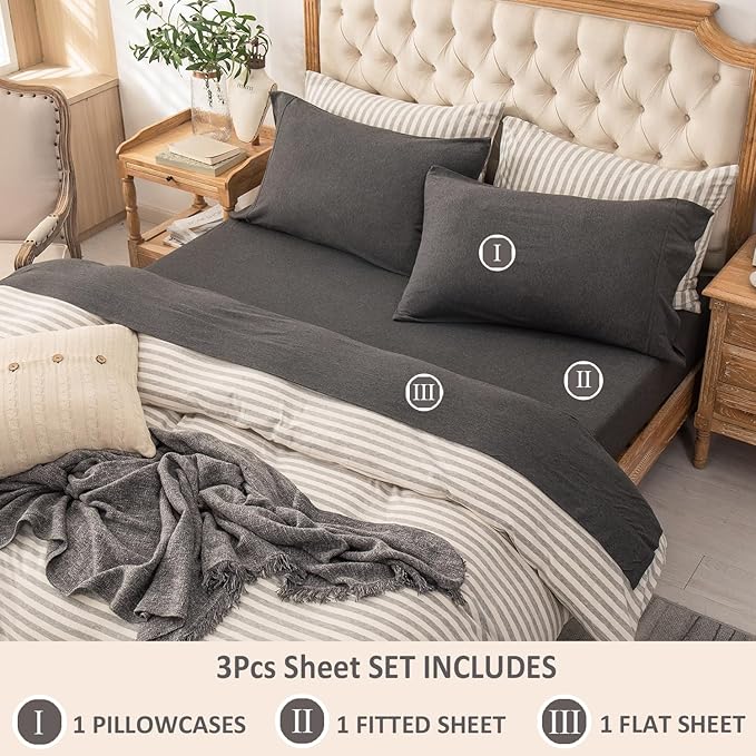 PURE ERA Jersey Knit 3pc Bed Sheet Set 100% T-Shirt Heather Cotton Super Soft Comfy Breathable Fits Mattress Up to 20" Extra Deep Pocket (Charcoal Dark Grey,Twin)