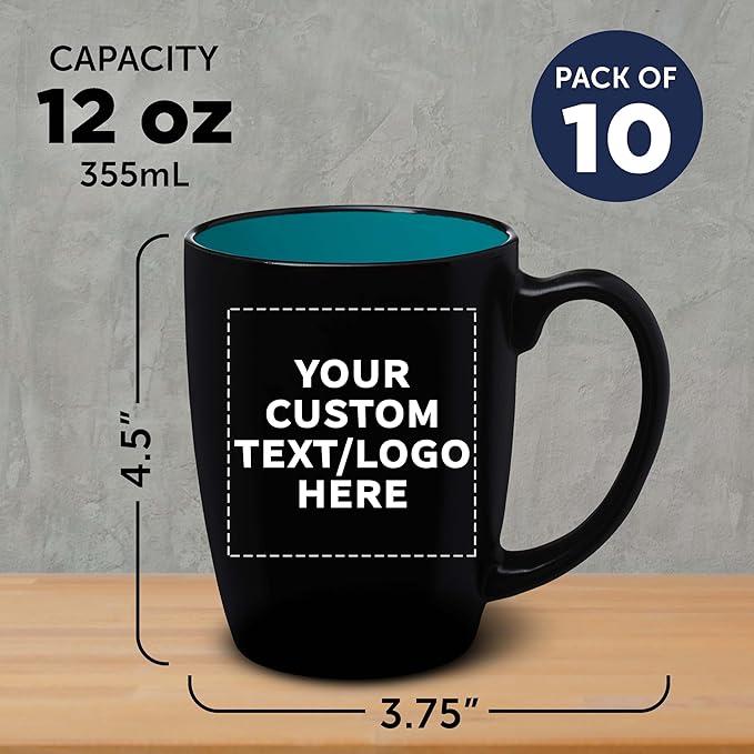 DISCOUNT PROMOS 10 Java Two Tone Coffee Mugs Set, 12 oz. - Customizable Text, Logo - Stoneware, Durable, Easy Grip - BLACKTEAL