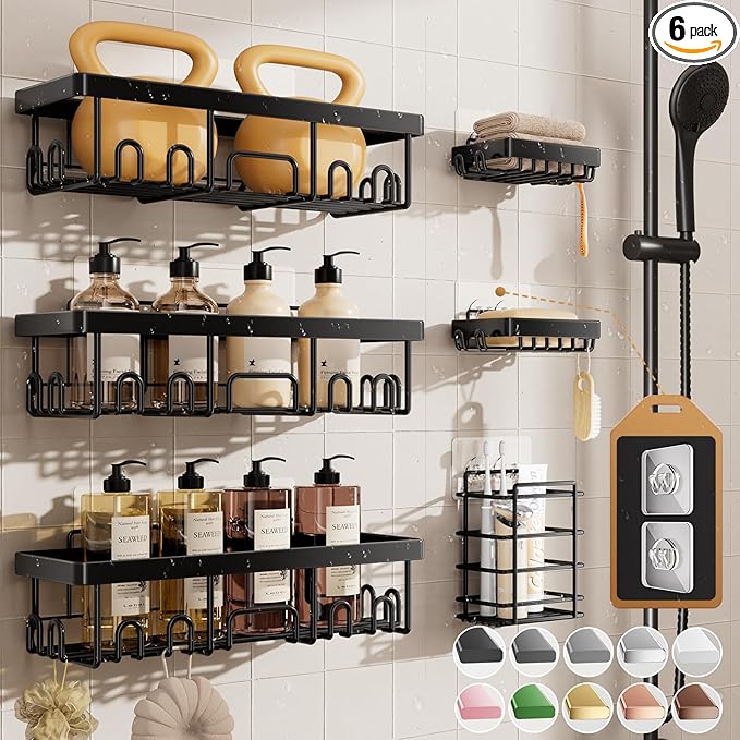 Veken Shower Caddy 6-Pack,Advanced Rustproof Design, No Drilling Adhesive Shelves Rack with Soap Holder, Large Capacity Bathroom Organizers and Storage, Wall-Mounted Kitchen & Home Decor