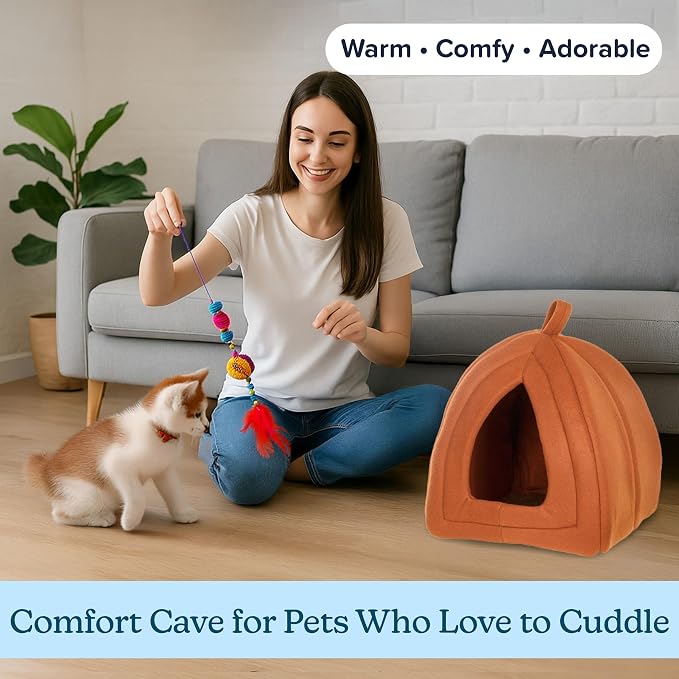 Cat House - Indoor Cat Bed with Removable Foam Cushion - Pet Tent for Kittens, Rabbits, Guinea Pigs, and Other Small Animals by PETMAKER (Brown)