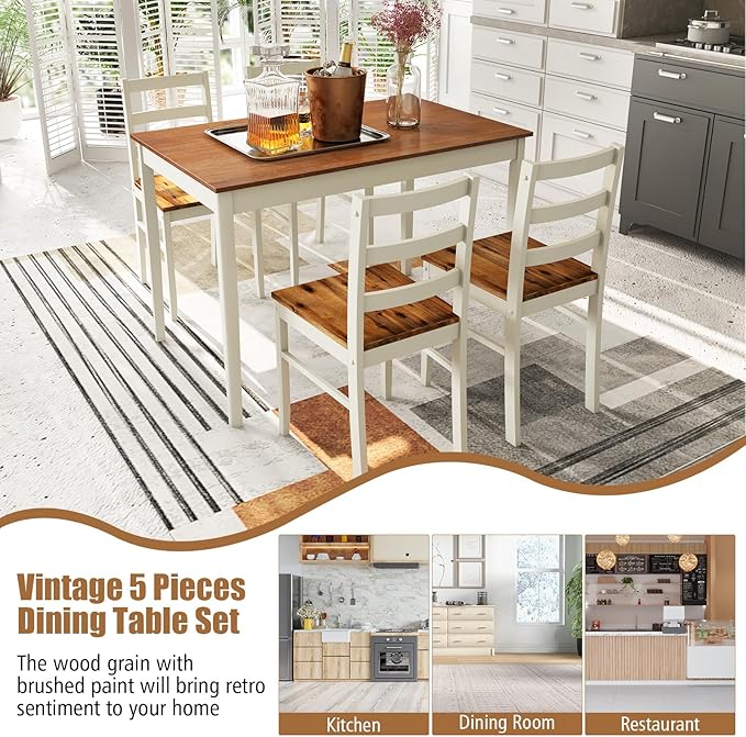 Tangkula Dining Table Set for 4, Solid Wood, Farmhouse Dinette Set w/Rubber Wood Legs, Mid-Century Modern, Compact Dining Table and Chairs Set for Kitchen, Dining Room (Brown+White)