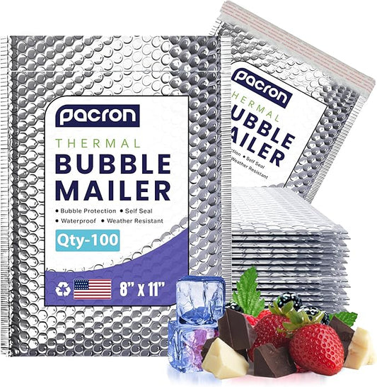 100-Pack Insulated Silver Thermal Bubble Mailers 8 x 11 - Waterproof Metallic Foil Self-Sealing Padded Envelopes for Cold Shipping, Perishables, Food, Cosmetics, Pharmaceuticals