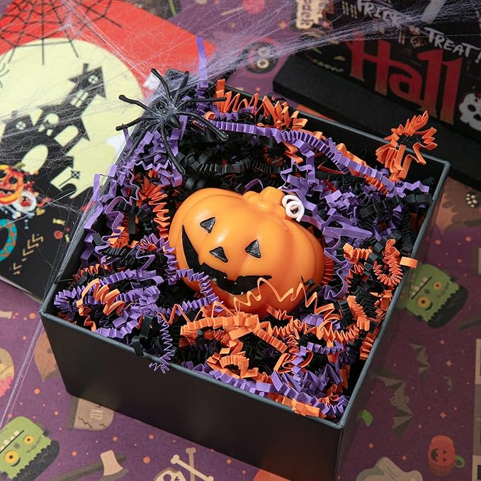 Mefleet 1/2 LB Halloween Crinkle Cut Paper Shred Filler 8 oz Orange & Purple & Black Crinkle Shredded Paper for Boo Basket - Gift Box Bag Filler - Grass Cushion Stuffing for Halloween Wrapping