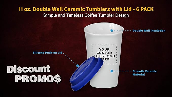 Personalized 11 oz. Double Wall Ceramic Tumblers with Lid - 6 Pack - Custom Text, Logo - Blue