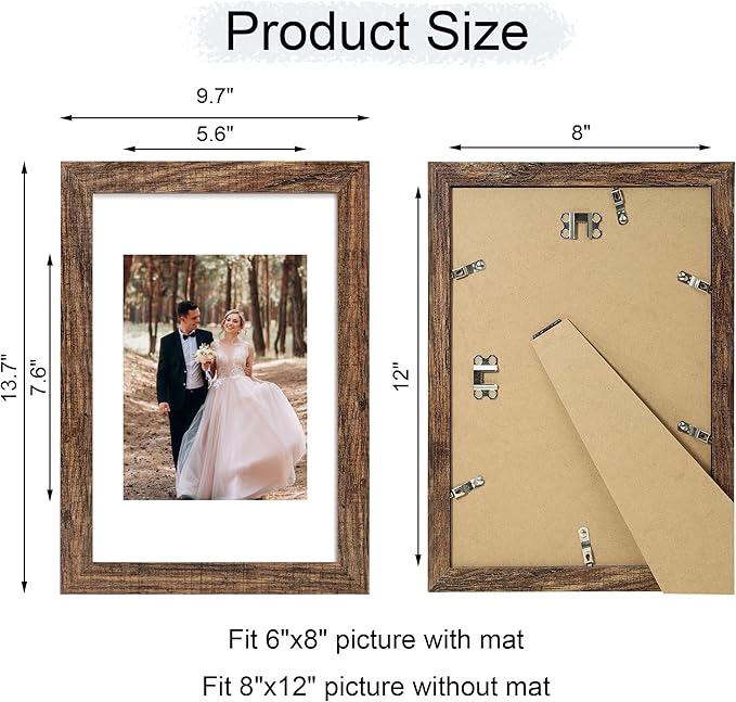 iRahmen 8x12 Picture Frame Set of 4 with High Definition Real Glass, Display 6x8 Pictures with Mat or 8 x 12 Without Mat, Rustic Wood Photo Frames for Tabletop and Wall Mounting