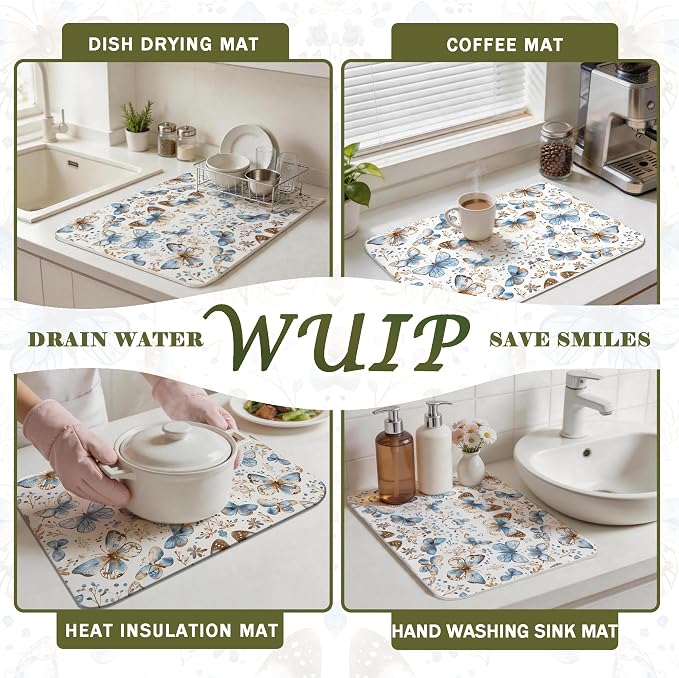 Blue Butterfly Dish Drying Mats for Kitchen Counter, Butterfly Gifts for Women, Blue and Brown Absorbent Reversible Coffee Bar Mat Drying Pad for Kitchen Decor, 12x15 Inch
