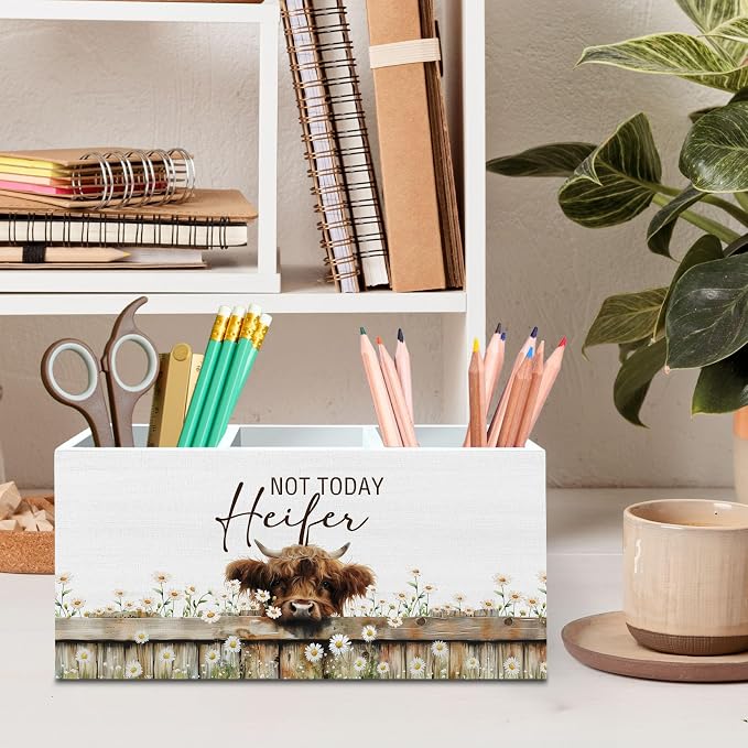 DILSJ Highland Cow Decor Pen Pencil Holder Organizer for Desk, Highland Cow Gifts for Women, Not Today Heifer Wooden Box Signs for Home Office Desk Tabletop Decoration
