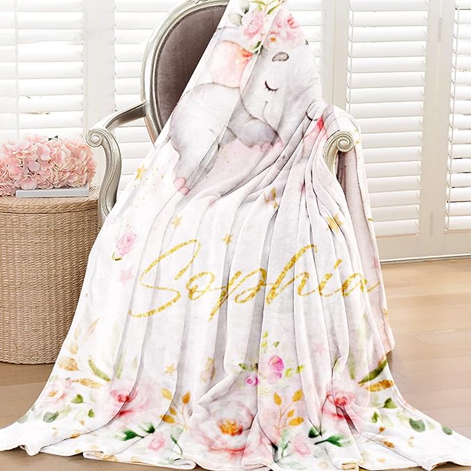 Custom Elephant Blanket with Name for Girl, Personalized Name Blanket for Kids, Soft Flannel Pink Elephant Toddler Blanket Customized Gift for Birthday Christmas Children Day 40x50inch