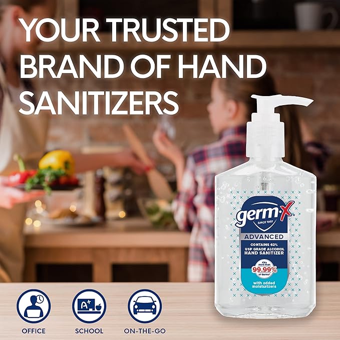 Germ-X Advanced Hand Sanitizer, 8 Fl Oz (Pack of 6), Less Drying Moisturizing Clear Gel, No Rinse Formula, Pump Bottle