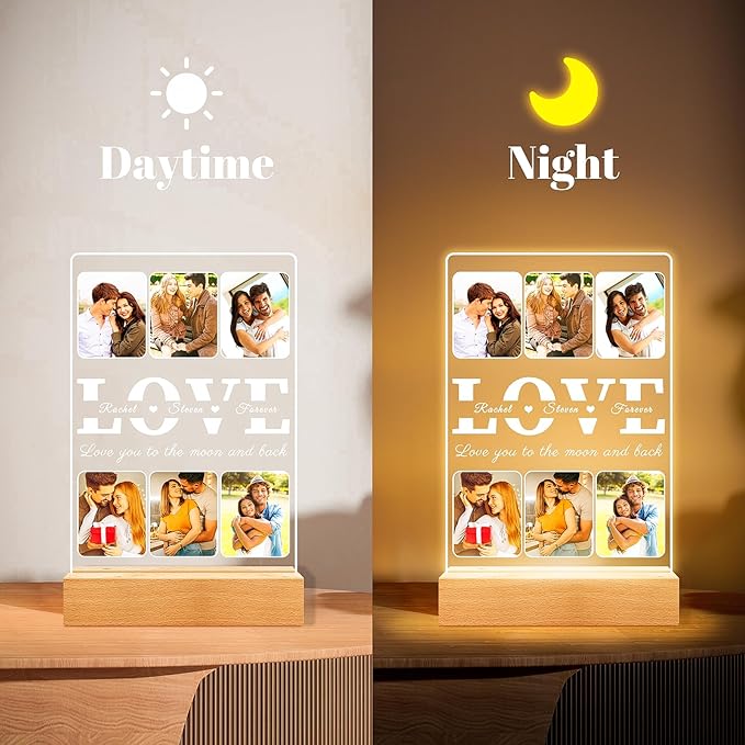 Personalized Picture Frames with Photo, Custom Photo Frame with Night Light, Personalized Photo Gifts, Customized Christmas Anniversary Couples Gifts for Women Men Girlfriend Boyfriend Her Him