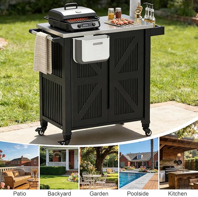 Outdoor Grill Cart with Storage Cabinet, Movable Kitchen Island with Stainless Steel Countertop, 4 Swivel Wheels, PP Material Rolling BBQ Food Prep Table Cart for Patio, Poolside, Black