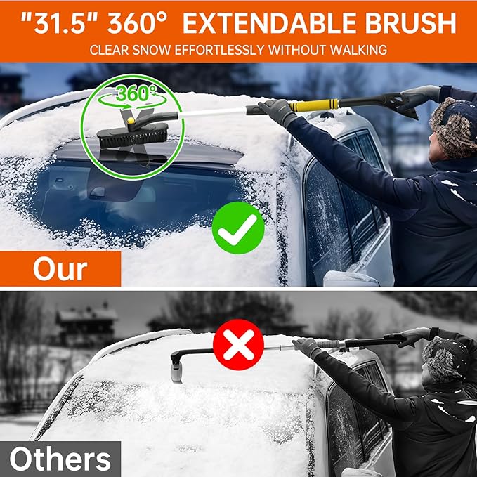 34" Extendable Ice Scraper and Snow Brush for Car Windshield, 360° Rotating (R001)