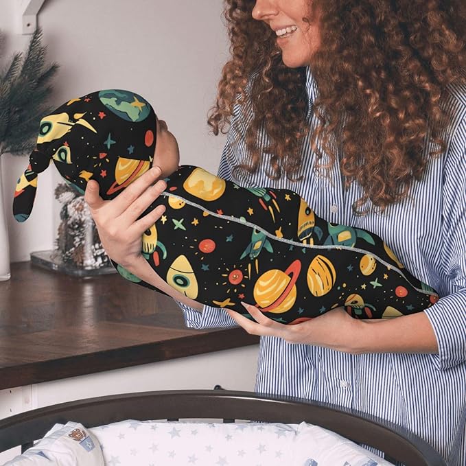 Newborn Swaddle Blankets and Hat Set Soft Cotton Baby Swaddle Wrap Warm Infant Receiving Blanket Space-8