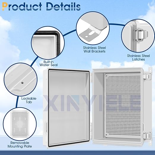 Waterproof Outdoor Project ABS Plastic Junction Box IP67 Weatherproof Dustproof Enclosure with Hinged Cover, Mounting Plate,Wall Brackets for Power Project (Grey,13.8"x9.8"x5.9")