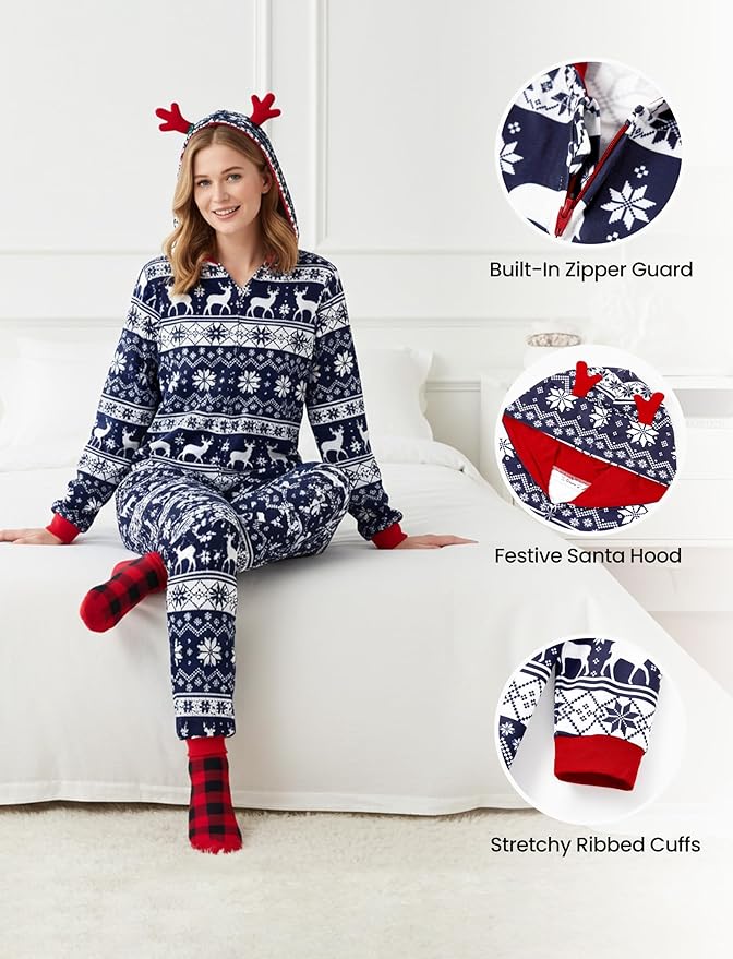PATPAT Matching Family Christmas Onesie Pajamas – Holiday Hooded Jumpsuit Sleepwear PJs Couples Xmas Loungewear with Socks