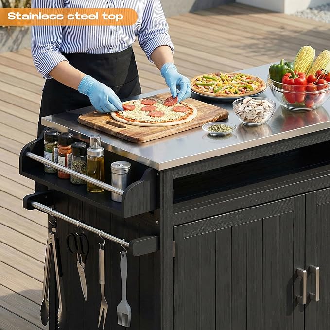 FUQARHY 43.3-Inch Outdoor Kitchen Island with Storage Cabinet and Stainless Steel Top, Solid Wood Prep Station Grill Table with Lockable Wheels for Patio, Backyard, Party (Black)