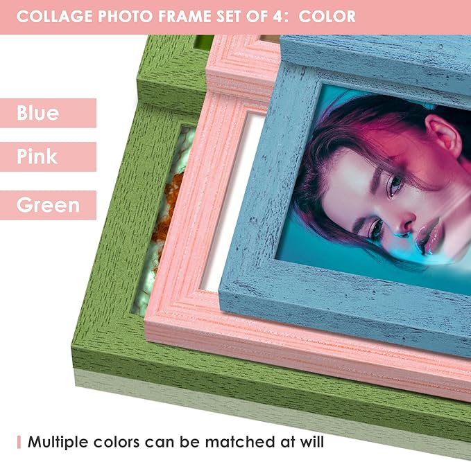 4x6 Collage Picture Frame Tempered Glass Front, Displays Four 4x6 Photo, Family Photo Collage Frame, Wall Decor Wall Hanging or Tabletop, Pink