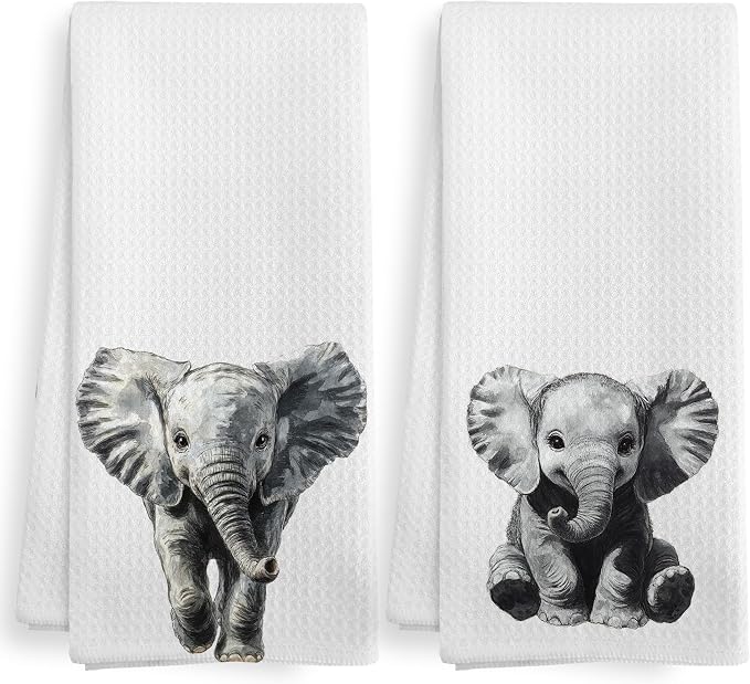 Funny Elephant Kitchen Towels and Dishcloths Sets of 2, Elephant Nursery Decor Gifts for Home,Woodsy Rustic Cabin Safari Jungle Nursery Decor Dish Hand Tea Towels for Bathroom Kitchen,16x24In