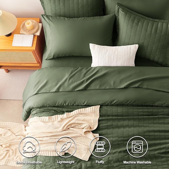 CozyLux Queen Comforter Set Olive Green Seersucker 7 Pieces Bed in a Bag Queen Comforter Set with Sheets Luxury Soft Bedding Set with Down Alternative Comforter, Sheets, Pillowcases & Shams All Season
