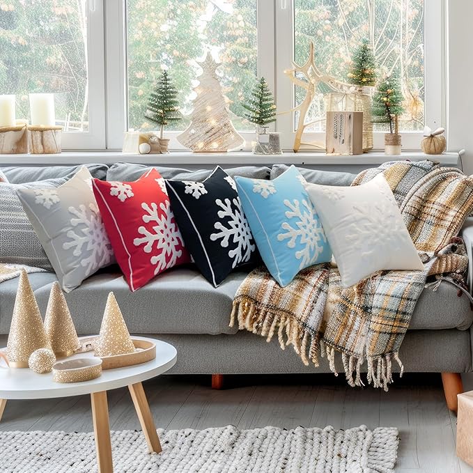Elife 18x18 Soft Canvas Christmas Winter Snowflake Style Cotton Linen Embroidery Throw Pillows Covers w/Invisible Zipper for Bed Sofa Cushion Pillowcases for Kids Bedding (1 Pair, White)