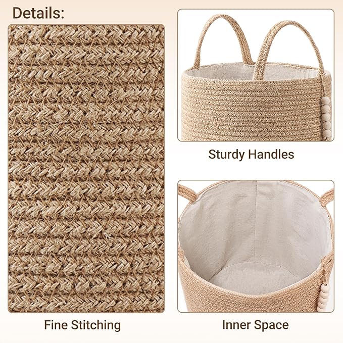 Mkono Tall Wicker Laundry Basket Woven Storage Basket Decorative Natural Rope Basket Wooden Bead Decoration for Blankets,Toys,Clothes,Shoes,Plant Organizer Bin with Handles Living Room 15" Wx17.7 L