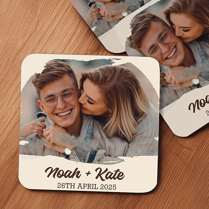 100 Pack Personalized Wedding Coasters, Custom Cardboard Coasters for Drinks with Photo Print and Text, Keepsake Wedding Favors and Gifts for Couples, 4x4 Square, Design 3