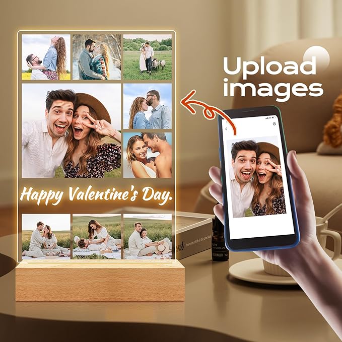 Custom Picture Frame with Photo, Personalized Photo Frame with Night Light, Customizable Picture Frames, Personalized Anniversary Birthday Gifts for Women Men Girlfriend Boyfriend Couple