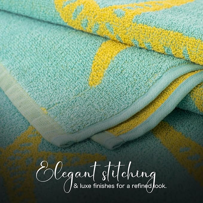CASA COPENHAGEN Miami Bath Sheets Designed in Denmark Rough and Tough, Quick Dry, for Pool, Bath & Shower 35"x70", 2 Pieces Cotton Beach Towels Set - Star Fish Teal + Yellow Stripe