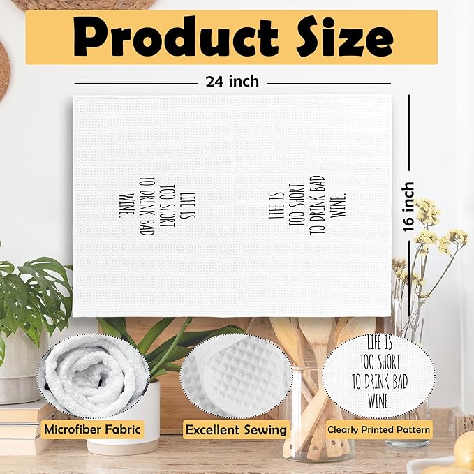 Funny Sarcastic Kitchen Towels, Wine Bar Decor, Humorous Gifts for Women, Wine Lovers Gifts Hand Towels for Bathroom, Life is Too Short Tea Towels Dish Towels 16x24 Inch
