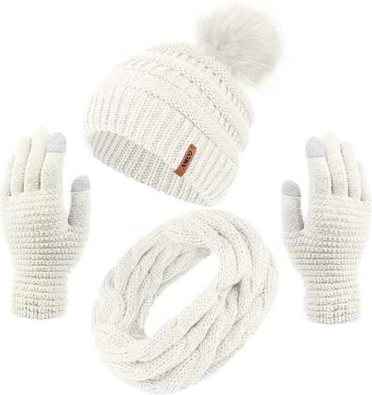 Aneco Womens Winter Warm Sets Knitted Fur Pompoms Beanie Hat Circle Loop Scarf Touch Screen Gloves Winter Favor Accessories