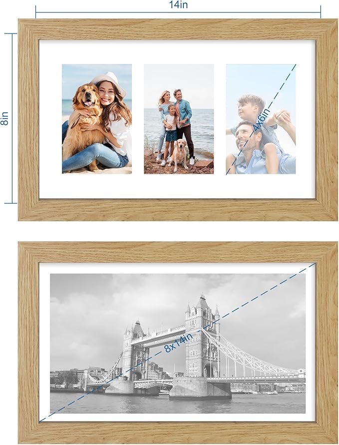8x14 Picture Frame Set of 2, Natural Oak Wood Frame with Glass Collage Frame, Display Pictures 3-4x6 With Mat or 8 x 14 Without Mat - Horizontal or Vertical Wall Mounting