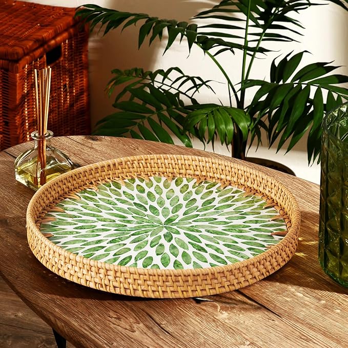 Round Rattan Serving Tray - Natural Handmade Woven Basket Trays with Mother of Pearl Inlay with Wooden Base Decorative Wicker Basket for Table Decor, Home Storage Display of Bread, Coffee, Fruit