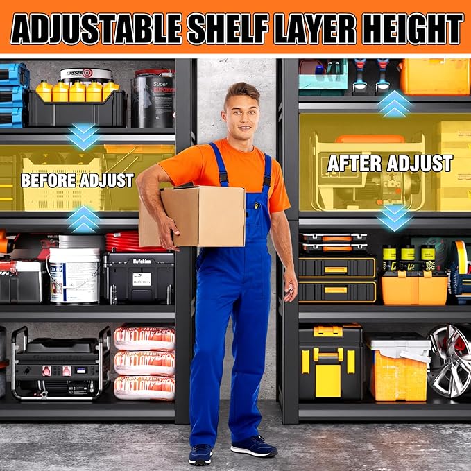 46''W Garage shelving,3000lbs Adjustable Garage Shelves,5T Tall Heavy Duty Shelving ,Storage Shelves, Unit，Metal Standing Shelf Units， Utility Rack For Kitchen Warehouse Industrial Basement 2 Pack