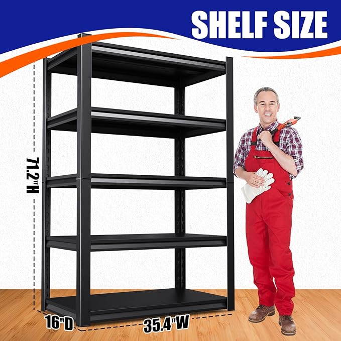 71" H-35 W Garage Shelving Heavy Duty Storage Shelves, Metal Adjustable Shelving Unit, Utility Garage Organizer Shelf for Basement, Pantry, Kitchen, Warehouse,16" D x 35" W x 71" H, Black