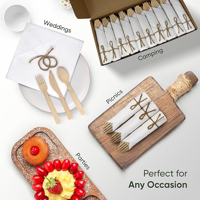 Premium Pre-Rolled Napkin and Bamboo Cutlery Set (30 Pack, 120 PCS) 100% Biodegradable, Eco-Friendly, Disposable Wrapped Cutlery - Includes Pre-Wrapped Bamboo Forks, Knives, Spoons, & Napkins