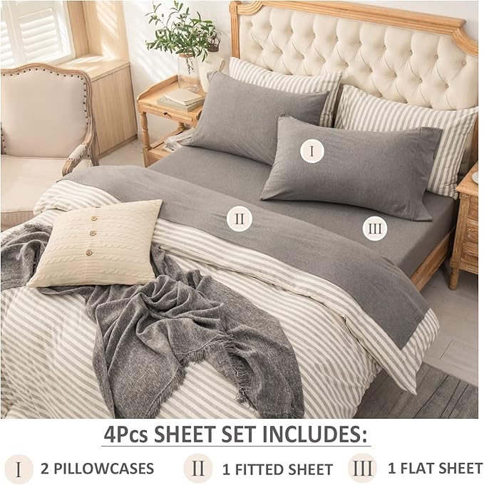 PURE ERA Jersey Knit 4pc Bed Sheet Set 100% T-Shirt Cotton Super Soft Comfy Breathable Fits Mattress Up to 20" Extra Deep Pocket (Heather Dark Grey, Cal King)